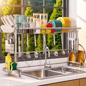 Over The Sink Dish Drying Rack, Expandable Width & Height Dish Rack, 1-Tier Low Profile — Silver