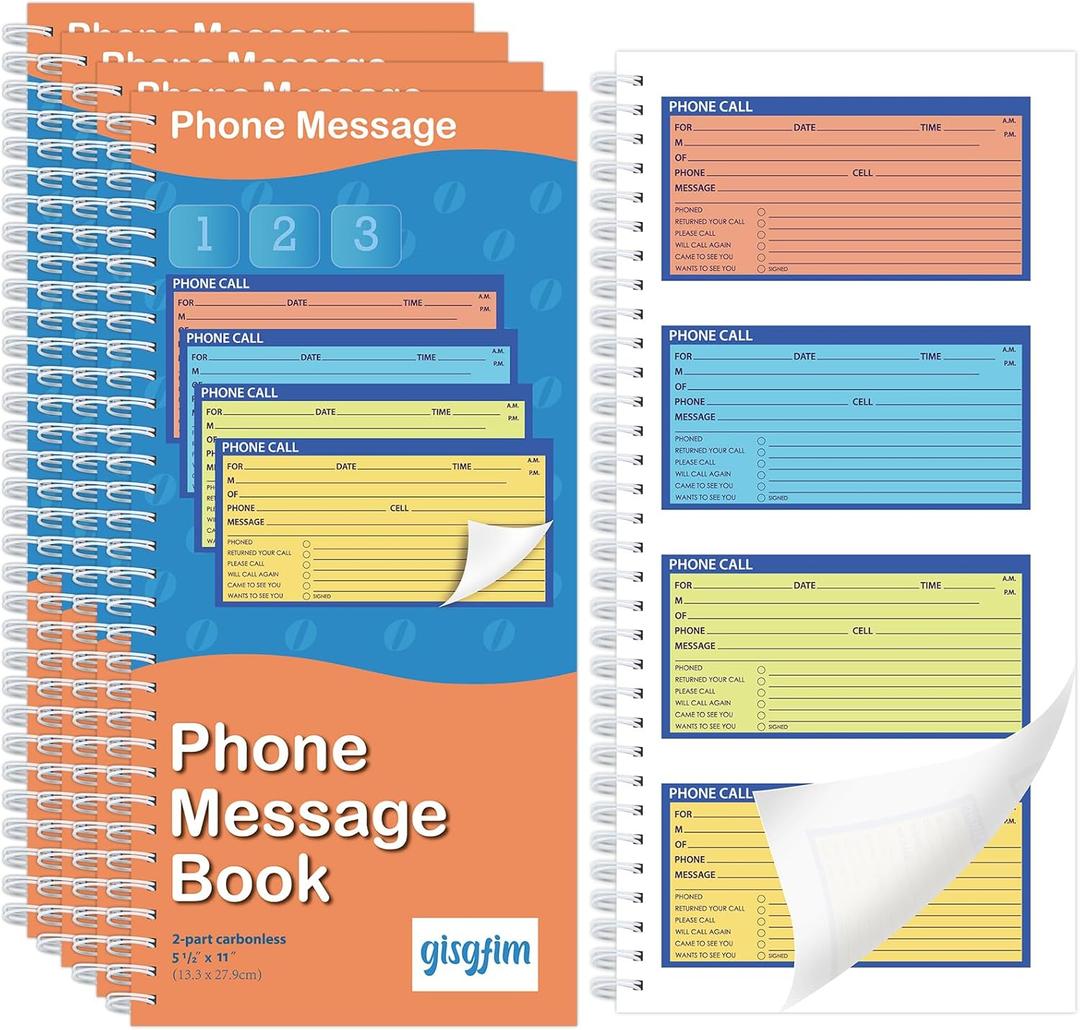Spiral Bound Phone Message Book 5-1/4x11inch Phone Message Forms Book 2 Part Carbonless Phone Message Pads Phone Call Log Book Voicemail Log Book While You Were Out Message Pad 4 Messages/Page
