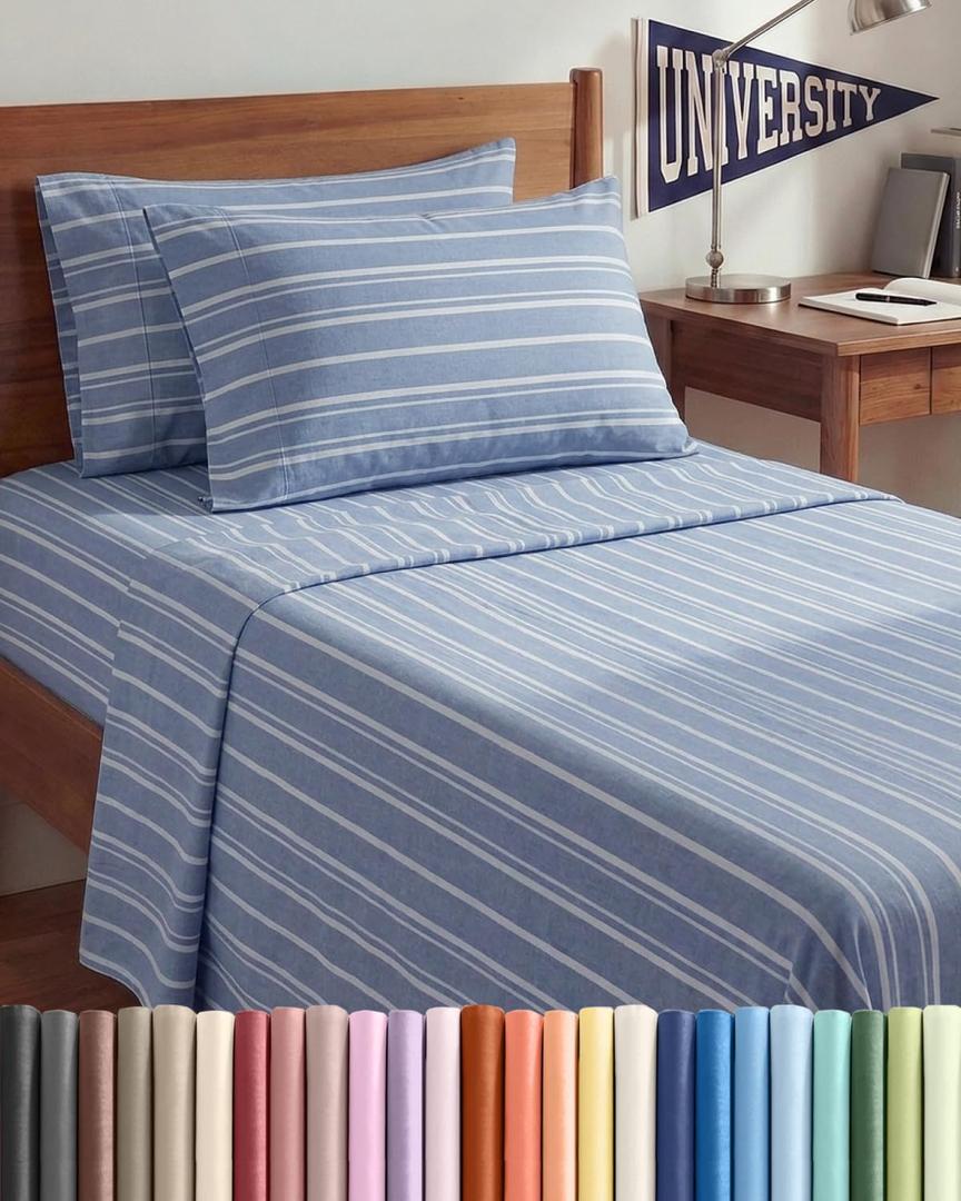 Twin XL 4 Piece Sheet Set - Comfy, Breathable & Cooling - Soft Hotel Luxury Bedding for Women, Men, Kids, Teens & Children - 1 Flat & 1 Fitted Sheet & 2 Pillowcases w/ Deep Pockets - Blue Stripes 3