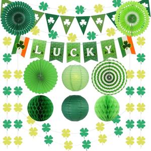 St. Patrick’s Day 12ct Party Decorations Supplies Kits, Green Shamrock Garland Banner with Paper Fans Lantern Honeycomb Ball