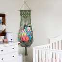 Stuffed Animal Storage, 63'' Jumbo Stuffed Animal Hammock Corner Wall Ceiling Over Door Hanging Toy Hammock Organizer, Avocado Green Toy Net w/Boho Tassels Star Light for Nursery Boys Girls