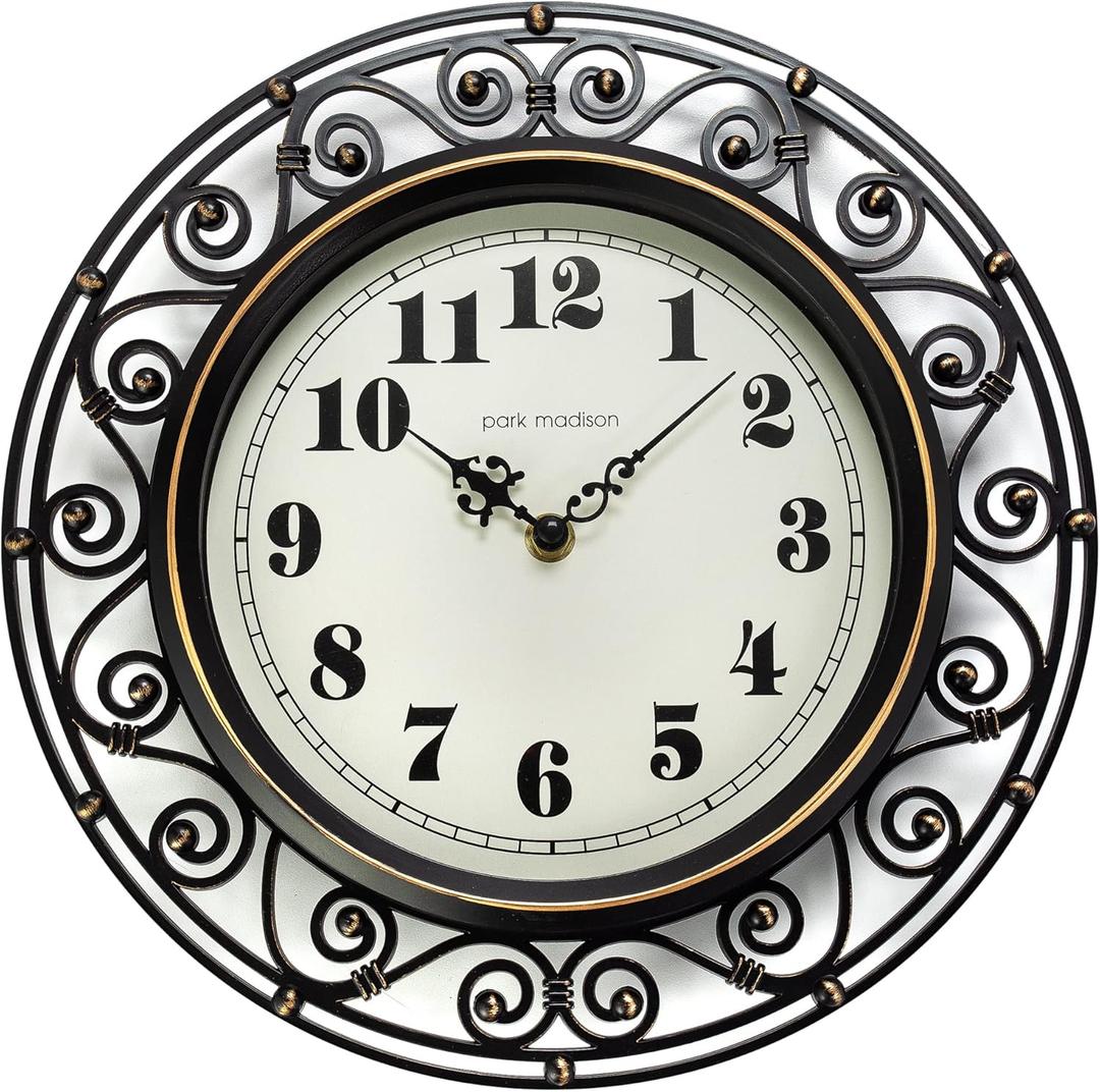 Park Madison Decorative Iron Style Wall Clock 12 Inch Silent Battery Operated Vintage Elegant Retro Clocks for Living Room Decor, Kitchen Office Dining Room Bedroom School Classroom (13736)