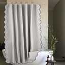 Short Grey Scalloped Shower Curtain 60'' Linen Textured Shower Curtain Sets with 12 Metal Hooks Cute Heavy Duty Washable Waterproof Neutral Thick Curtains for Hotel Bathroom
