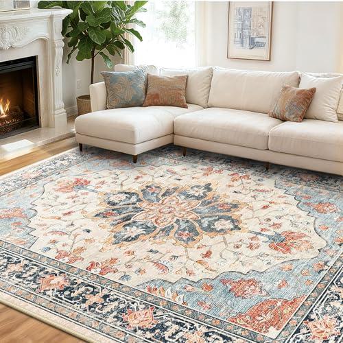RELEANY Vacuum-Friendly Area Rugs 8'x10' Machine Washable, Non-Slip, Floral Vintage Distress Print Pattern Medallion Carpet for Living Room Bedroom Beige Navy Blue Orange Colorful