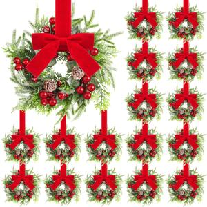 Dingion 18 Pcs Mini Christmas Kitchen Cabinet Wreath Small Christmas Wreath Decorations Norfolk Pine Artificial Berries Snowy Pine Garland with Red Ribbon for Xmas Table Centerpiece Front Door Decor