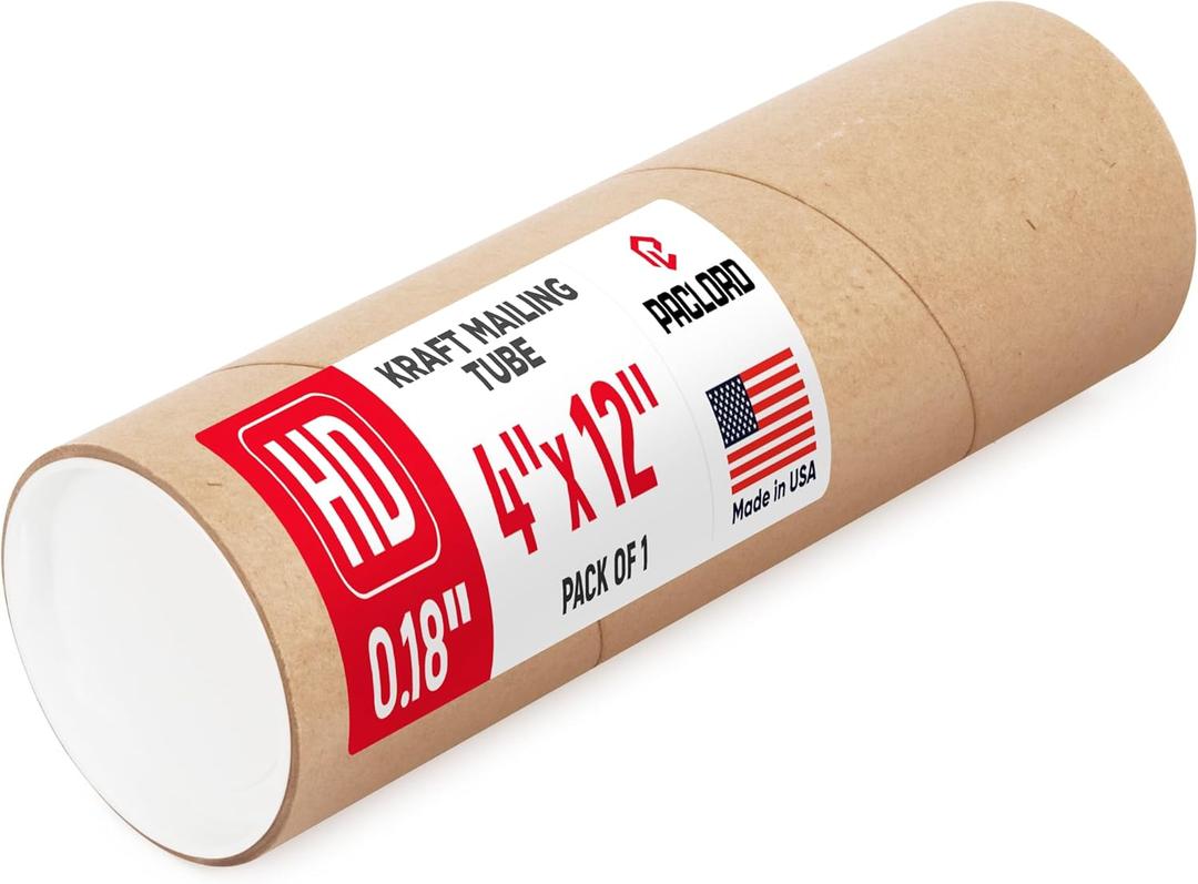 4" x 12" Heavy Duty Reinforced Kraft Paper Mailing Tube, Pack of 1 Tube with 2 Caps Secure USPS Approved Poster Tube Made in USA Cardboard Tube for Shipping and Storing Posters, Prints, Artwork