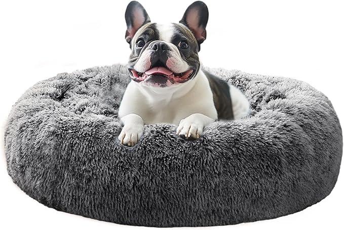 JOLLYVOGUE Small Dog & Cat Beds for Indoor Cats  20 inches Calming Donut Dog Bed for Kittens & Puppies, Washable Round Fluffy Plush Faux Fur Pet Beds (Smoke Grey)
