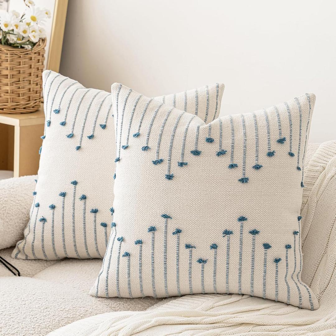 LILEPOY Boho Throw Pillow Covers 18x18 Set of 2 Neutral Decorative Textured Cushion Case Farmhouse Pillowcase Modern Square Pillow Covers for Sofa,Couch, Living Room,Beige and Blue
