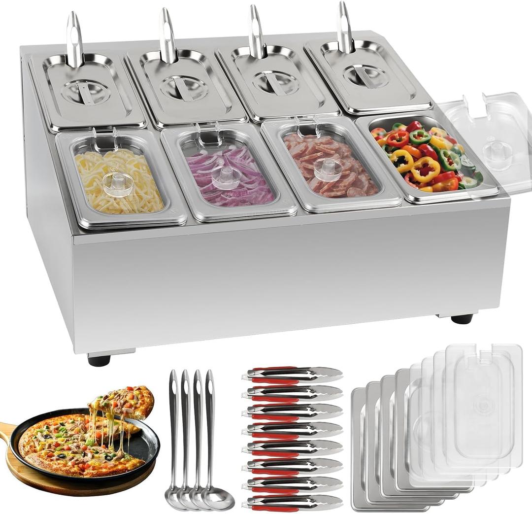 Pizza Topping Station 8 Pans Salad Bar Pizza Storage Container Topping containers with Lids Spoon Condiment Organizers Buffet Containers Set for Restaurant Pizza Sauce Jam Fruit, Size: 8 Pans 2 Row