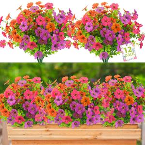 ATTGREAT Artificial Spring Flowers for Outdoors Faux Plants UV Resistant Realistic Fake Flowers Outside for Garden Planter Porch Home Decor, 12 Bundles (Multicolor)