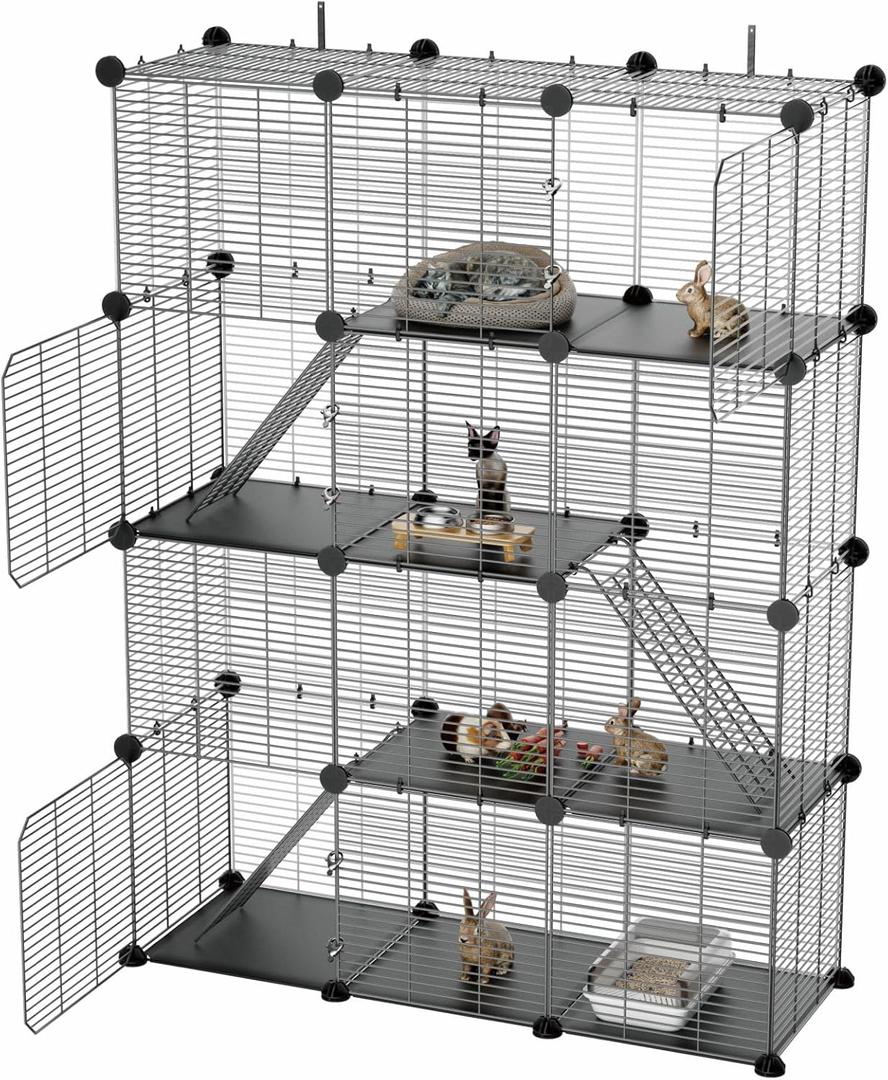 3 Tier Cat Cage Indoor, Large Wire Cat Cage Kennels Enclosures DIY Playpen Crates, Pet Pen C&C Cage for 1-2 Cats Kittens Guinea Pig Ferret Chinchilla Rabbit