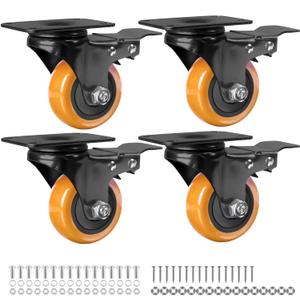 Finnhomy 3 Inch Caster Wheels Set of 4 with Brake Heavy Duty Plate Swivel Casters Premium Polyurethane Wheels Bearing 2,200 Lbs Lockable Anti-wear Smooth Casters for Workbench Orange (Free Screws)