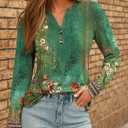 Dealmore Women's Boho Henley Printed Shirts V-Neck Tunic Tops (Green, L)