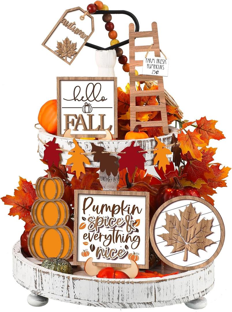 Maitys 13 Pcs Thanksgiving Tiered Tray Decor Set Thanksgiving Pumpkin Gnome Rustic Farmhouse Decoration Harvest Decor Trays Wooden Tabletop Signs for Give Thanks Home Kitchen Party(Rustic Style)