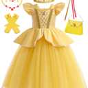 Girls Belle Princess Dress Kids yellow Princess Costume Girls Belle Dress Up with Jewelry Accessories, 6-7 Years