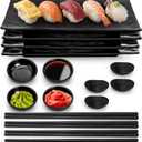 16 Pcs Sushi Plate Set, Melamine Sushi Serving Dishes, Japanese Dinnerware Sets with 4 Sushi Trays, 4 Soy Sauce Bowls 4 Pairs of Chopsticks and Holders, Wedding Housewarming Gift, Black