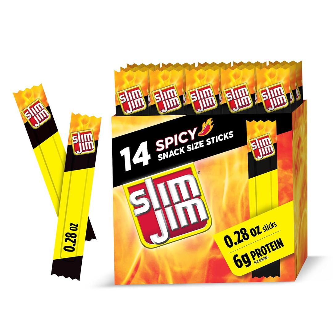 3 x Slim Jim Smoked Meat Sticks, Spicy Flavor, 6g Protein Per Serving, Snack Size, 0.28 oz. (14 Count) (EXP 08/15/26)