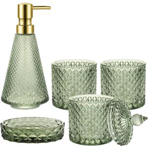 Green Bathroom Accessory Set, 5Pcs Bathroom Soap Dispenser Set, Green Glass Bathroom Accessory Set with Lotion Dispenser, Soap Dish, Toothbrush Holder, Tumbler, Cotton Swab Jars