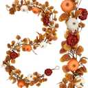 6ft Long Thanksgiving Artificial Garland with Pumpkin Autumn Mixed Eucalyptus Garland Farmhouse Hanging Rustic Fall Wreath Decor for Front Door Kitchen Fireplace Home Indoor Outdoor