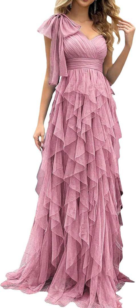 Summer Women Tulle Prom Dress Elegant Bow One Shoulder Slit Evening Party Gown Wedding Guest Bridesmaid Maxi Dress (Medium, #1 Pink)