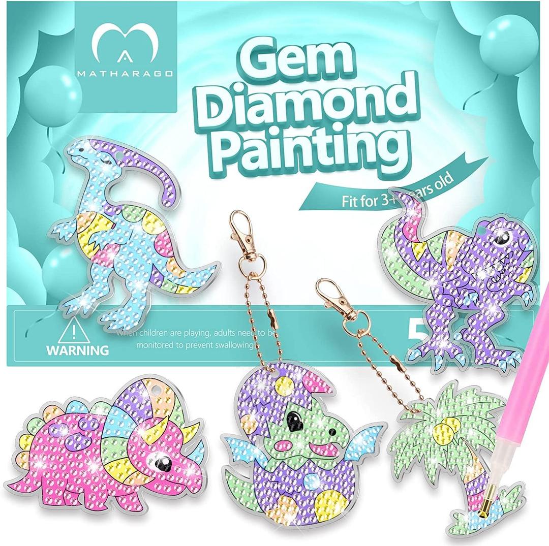 MATHARAGO Diamond Painting Kits - 5D Big Gems - Dinosaur Diamond Painting Keychains - Arts and Crafts for Kids Ages 6-8-12 - Diamond Art Keychains Stickers for Girls Gifts Party Ideas