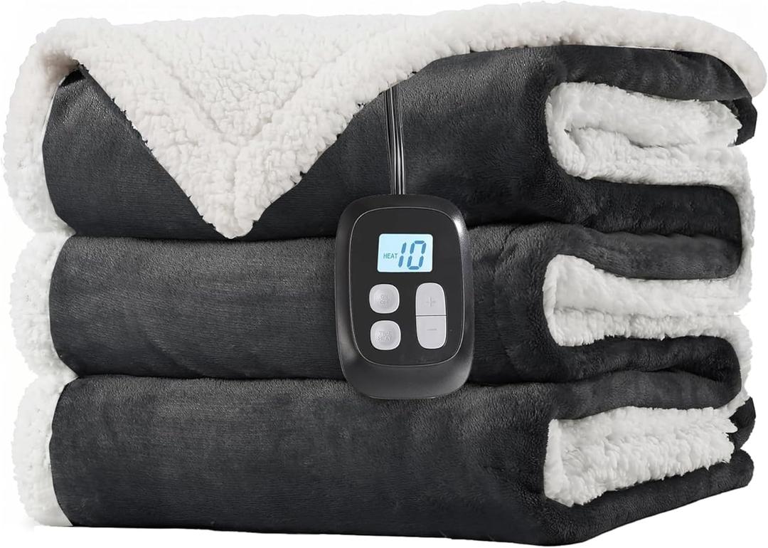 LaffyLo Electric Heated Blanket Full Size 72" x 84", Dual-Sided Flannel Sherpa, LCD Display 10 Heat Levels 1-12H Auto-Off, ETL Certified Machine Washable for Bed & Couch, Dark Grey