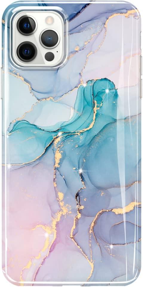 luolnh Gold Glitter Sparkle Case Compatible with iPhone 12 and iPhone 12 Pro 6.1 Inch Marble Design Shockproof Soft Silicone TPU Bumper Cover Skin Phone Case iPhone 12/12 Pro Cases(Aqua Green)