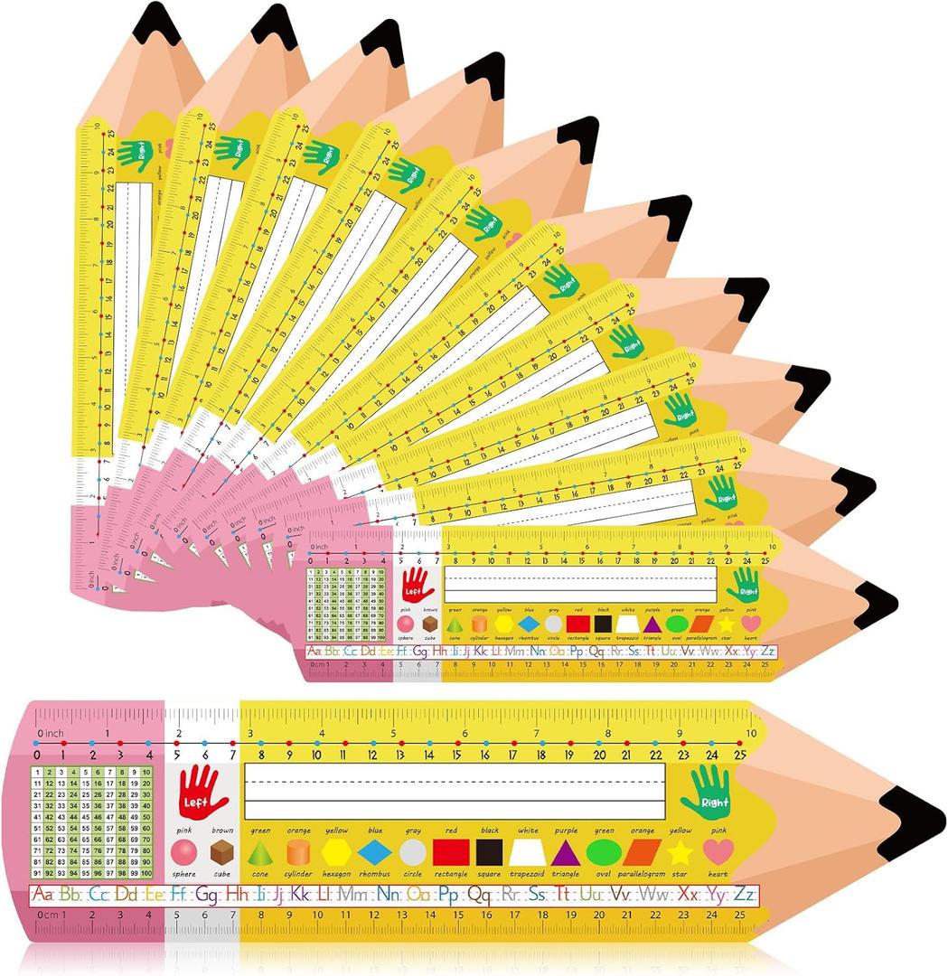 Henoyso 108 Pcs Pencil Name Tags Plate for Classroom with Alphabet, Number Line, Ruler, Graphics, Color and More, Back to School Gift for Kindergarten, Preschool, 1st, 2nd & 3rd Grade