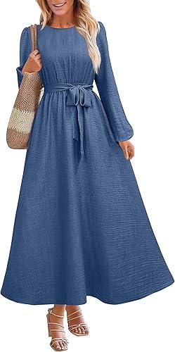 ANRABESS Womens Long Sleeve Dress 2025 Fall Casual Empire Waist A-Line Flowy Maxi Dresses with Pockets Vacation Outfits, L