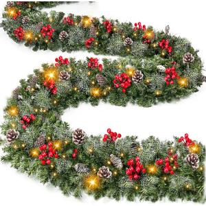 [ Timer & 8 Modes ] 9 Ft by 10 Inch 50 LED Prelit Christmas Garland Decorations Warm White Lights Thick 270 Snowy Tips 70 Red Berry 10 Pinecone Xmas Decor Garland Indoor