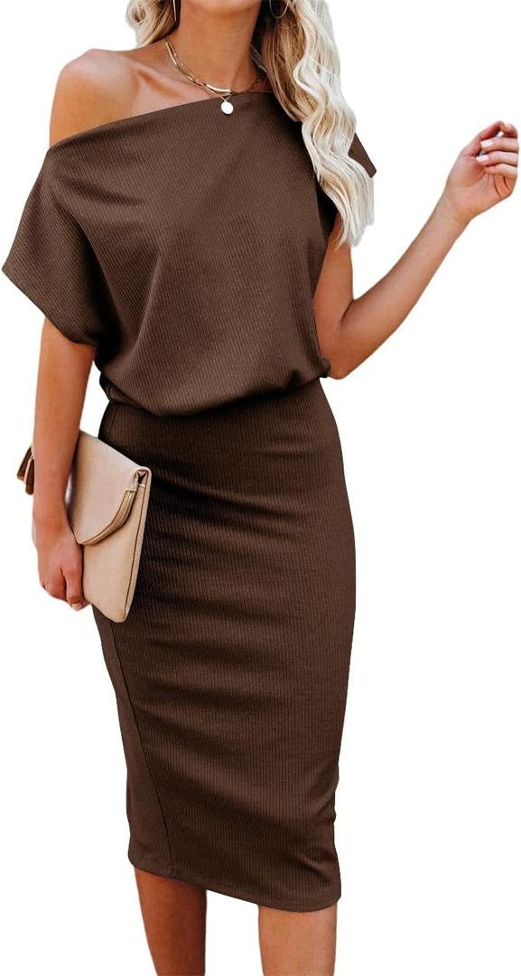EZBELLE Women's Summer Dress Off The Shoulder Short Sleeve Ribbed Casual Party Bodycon Midi Dresses 4