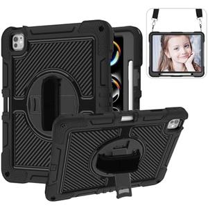 Case for iPad Pro 13 Inch 2024 M4 (7th Generation), Hard PC Silicone Shockproof Protective with 360°Rotate Stand, Pencil Holder, Handle Shoulder Strap Cover for Model (A2926/ A3007), Black