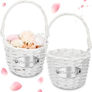 Set of 2 Flower Girl Basket with Handle for Wedding White Wicker Baskets for Flower Girl Wedding Party Picnic Garden Handwoven Decoration