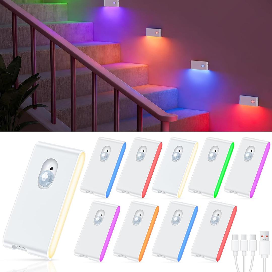 WILLED Motion Sensor Night Light, RGB & Warm White Stair Lights Indoor, Rechargeable Color Changing Night Light, Wireless Motion Sensor Light Indoor for Stair,Hallway,Bathroom,Cabinet,Kitchen,10 Pack