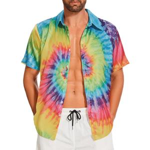 Demoking Tie Dye Shirt Men Hippie Neon Vintage Hawaiian Shirts Short Sleeve Button Down Multicolor XXL
