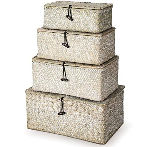 Woanger Set of 4 Wicker Baskets with Lids, Nautral Seagrass Storage Baskets, Woven Rectangular Basket Bins, Rattan Storage Organizer for Shelf Closet Bedroom