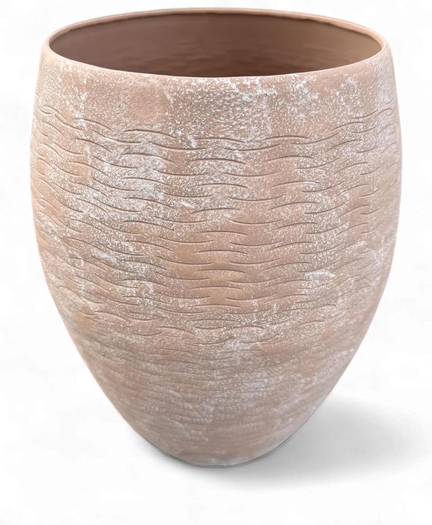 Ludu Washed Terracotta Modern Handmade Metal Indoor Planter with Textured Wave Design and Anti-Scratch Pads, Rust-Resistant Finish for Outdoor Use, Sustainable Non-Plastic Pot Recyclable Metal Vase, Medium