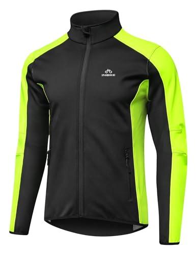 INBIKE Cycling Jacket for Men Running Biking Jackets Mens Windbreaker Reflective Windproof Fleece Lined Cold Weather Black Green X-Large