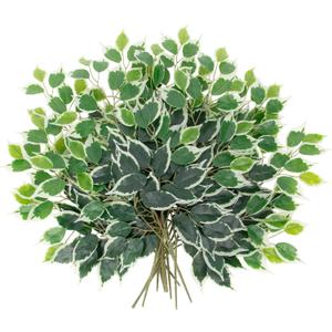 12PCS Ficus Leaves Artificial Branches 24" Faux Ficus Greenery Tree Branches Fake Ficus Leaves Sprays for Tree DIY Arch Wedding Wall Decor - Green & White