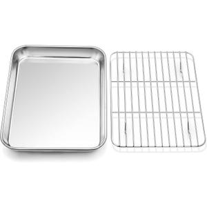 P&P CHEF 10.4 Inch Baking Sheet Pan with Rack Set, Stainless Steel Cookie Sheet Pan Tray with Cooling Rack for Oven Use, Cooking Roasting, Non Toxic & Dishwasher Safe, Heavy Duty