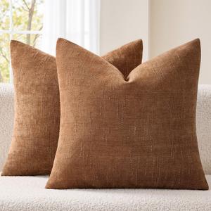 EMEMA Pack of 2 Decorative Chenille Throw Pillow Covers 20x20 Inch Soft Neutral Farmhouse Textured Cushion Cases with Zipper for Couch Sofa Bedroom Living Room Home Decor, Camel