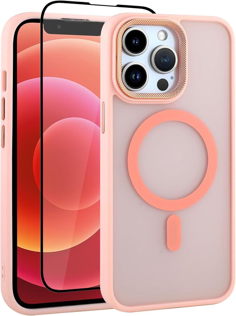 Pink Case for iPhone 12 Pro Max Case [Compatible with MagSafe] for Women Girls, Metal Buttons and Camera Lens Protecion Frame, Soft Bumper Magnetic Protective Cover, Light Baby Pink
