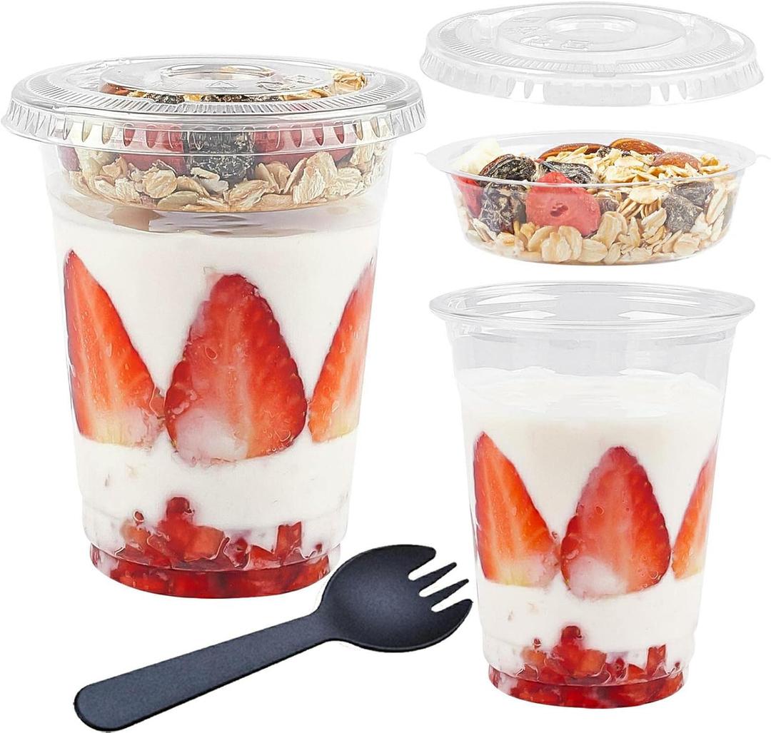 Zezzxu 50 Pack 12 oz Disposable Parfait Cups with Lids No Hole, Toppings Compartment and Spork, Yogurt Conatiner with Granola Holder for Take Away Breakfast and Snacks, No Leaking