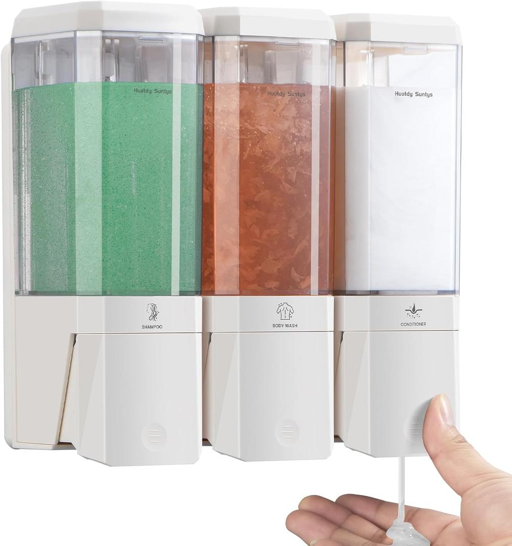 Shower Soap Dispenser Wall Mounted Shampoo Conditioner Body Wash Shower Dispenser 3 Chamber No Drill Refillable Shampoo Dispener for Shower 3 * 500ml for Bathroom Hotel, White 3 Chamber
