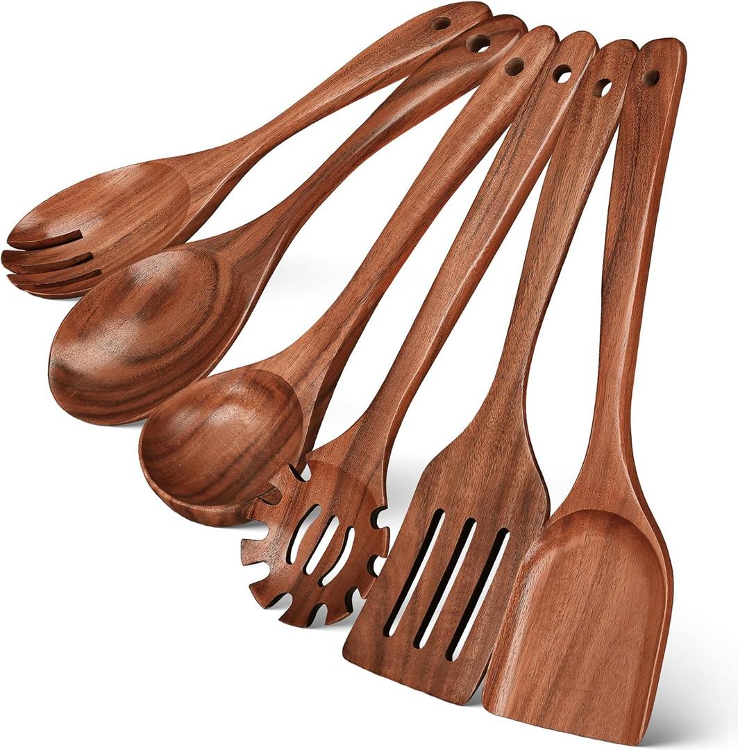 Kitchen Wooden Cooking Utensil Set, Heat Resistant Teak Wooden Spoons for Cooking (6pcs)