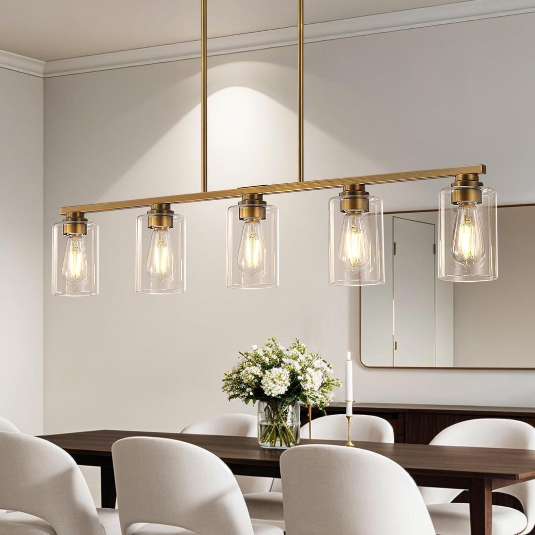 Mecgirn Island Light for Kitchen, Brushed Brass Dining Room Light Fixture Over Table, 5-Light Linear Chandelier Pendant Lighting for Dining Table Kitchen Island Living Room