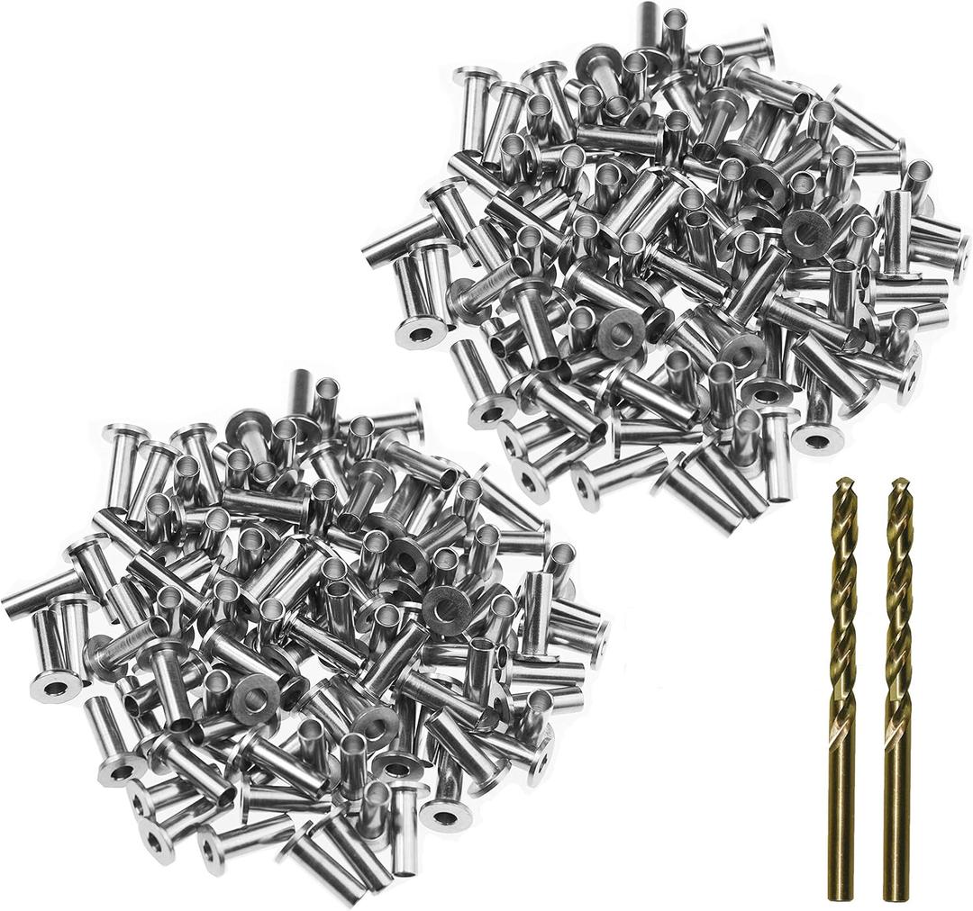 Protector Sleeves for 1/8" Wire Rope Cable Railing Deck, Wood Posts, DIY Balustrade - Stainless Steel T316 Marine Grade - 200 Pack with Two Drill Bits Protector Sleeves for 1/8" Wire Rope Cable Railing Deck, Wood Posts, DIY Balustrade - Stainless Steel T316 Marine Grade - 200 Pack with Two Drill Bits