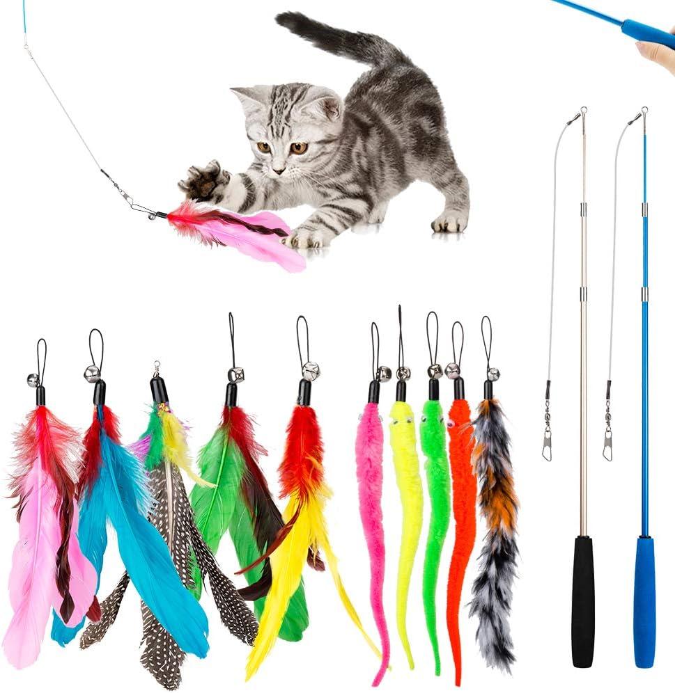 Cat Toys Feather Toy, 2PCS Retractable Wand and 10PCS Replacement Teaser with Bell Refills, Interactive Catcher and Funny Exercise for Kitten.