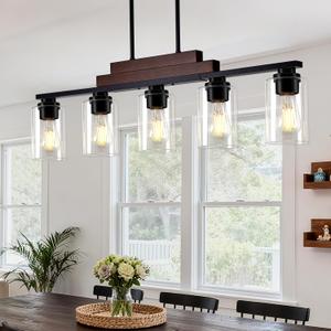 Dining Room Light Fixture Over Table, 5-Light Farmhouse Chandeliers for Dining Room Hanging, Linear Pendant Lights Kitchen Island Lighting, Wood Ceiling Light Fixture with Clear Glass Shade, Black (Black & Reddish Brown)