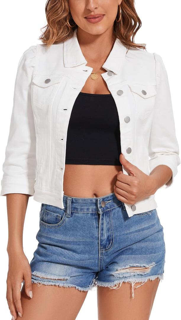 Women's Jean Jacket Cropped Denim Jacket Stretchy 3/4 Puff Sleeve Distressed with Pockets, L